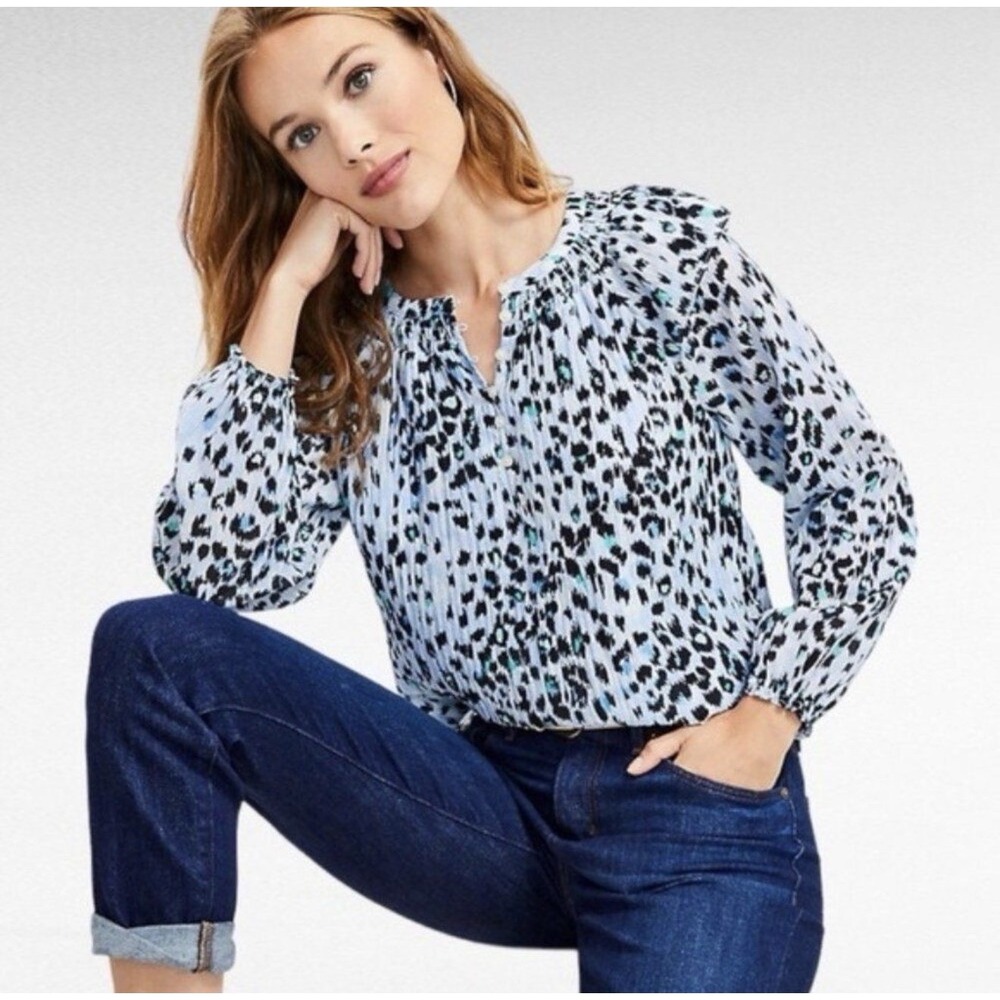 LOFT Blue Animal Print Smocked Blouse Ruffles Long Puff Sleeve Size L NWT $64.50